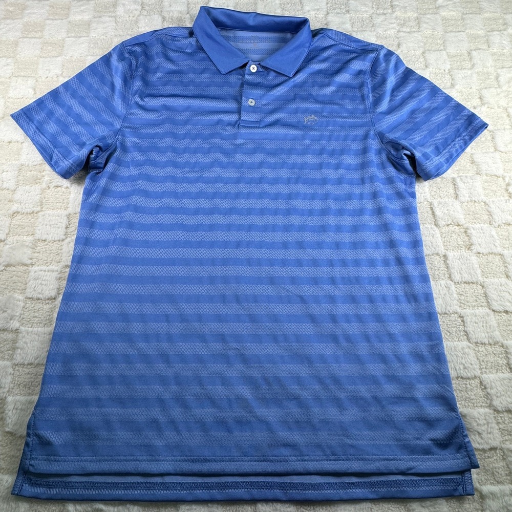 Southern Tide Mens Blue Striped Performance Polo Shirt Short Sleeve Size M
